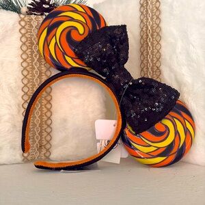 Disney Candy Lollipop Orange Yellow Black Swirl Sequin Black Bow Ears Halloween